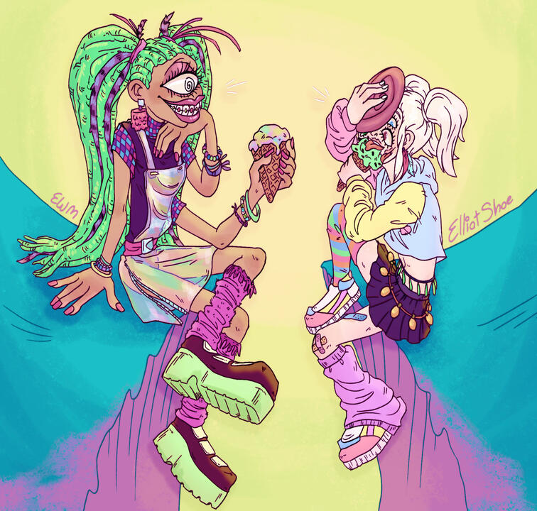 A colourful drawing of two monster girls eating ice cream together. The left one is a cyclops with three arms, and the right one has a face with too many facial features under her mask. They are dressed in raver outfits.