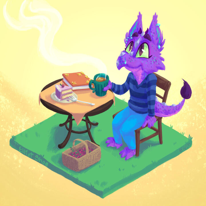 A digital drawing of a purple dragon sitting on a small isometric lawn for a picnic. He is drinking tea and smiling.