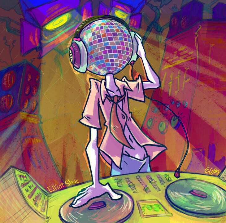 A drawing of a character with a disco ball for a head using a turntable and headphones in a dance club.