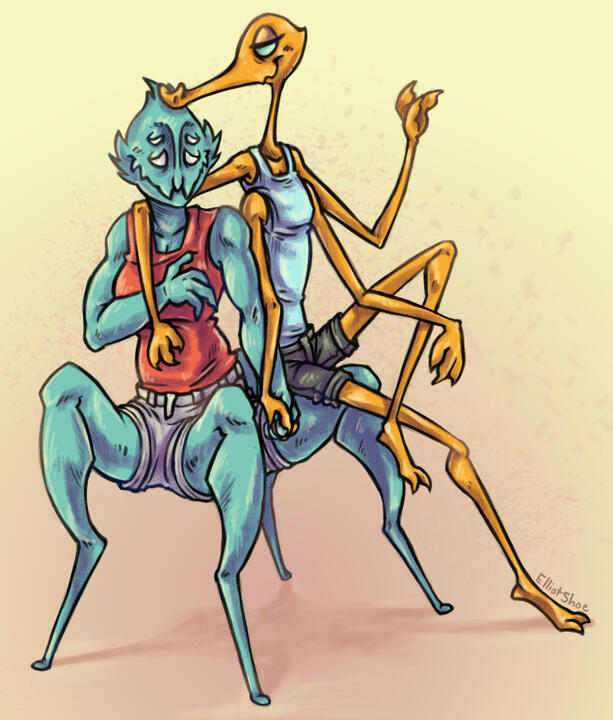 A drawing of two alien characters with their arms around each other. One has four legs, the other has four arms.