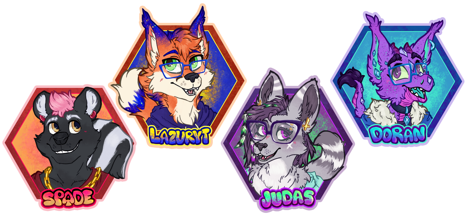 Four drawings of anthropomorphic furry heads, in a convention style for wearable badges. There is a skunk, two foxes, and a purple dragon. Their names are included.