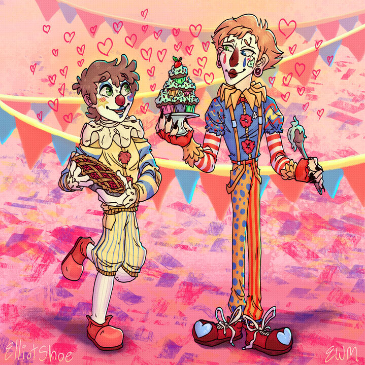 A colourful drawing of two clown characters. One is holding a pie and the other a platter of cupcakes. Many hearts and streamers are in the background.