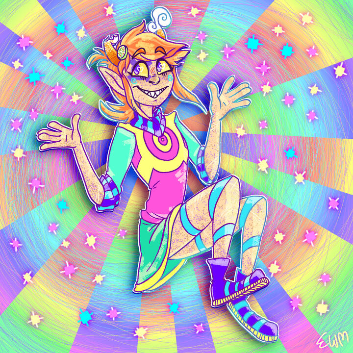 A character in colourful clothing and candy corn horns. The background is full of rainbows and sparkles.