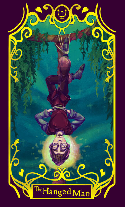 A self-portrait drawing of the artist, Elliot Maxted, in the position of the hanged man tarot card.