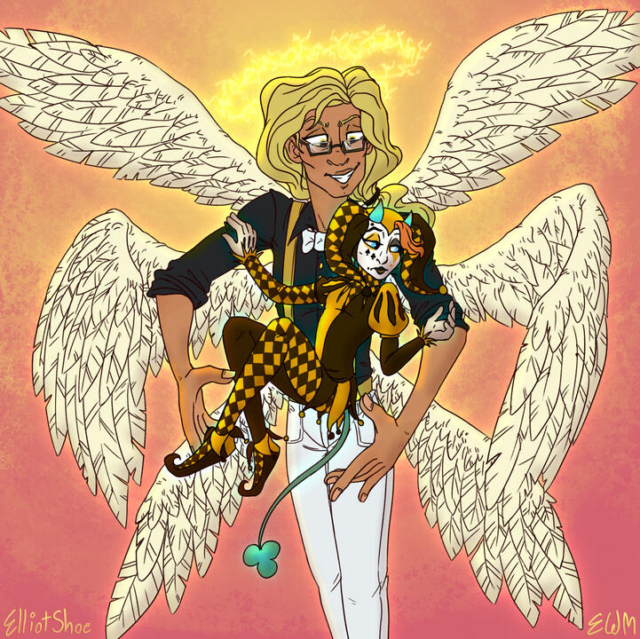 Drawn for an Art Fight minigame in 2021! The characters Cassiel Xaphan and Checkers belong to nuttyducky.