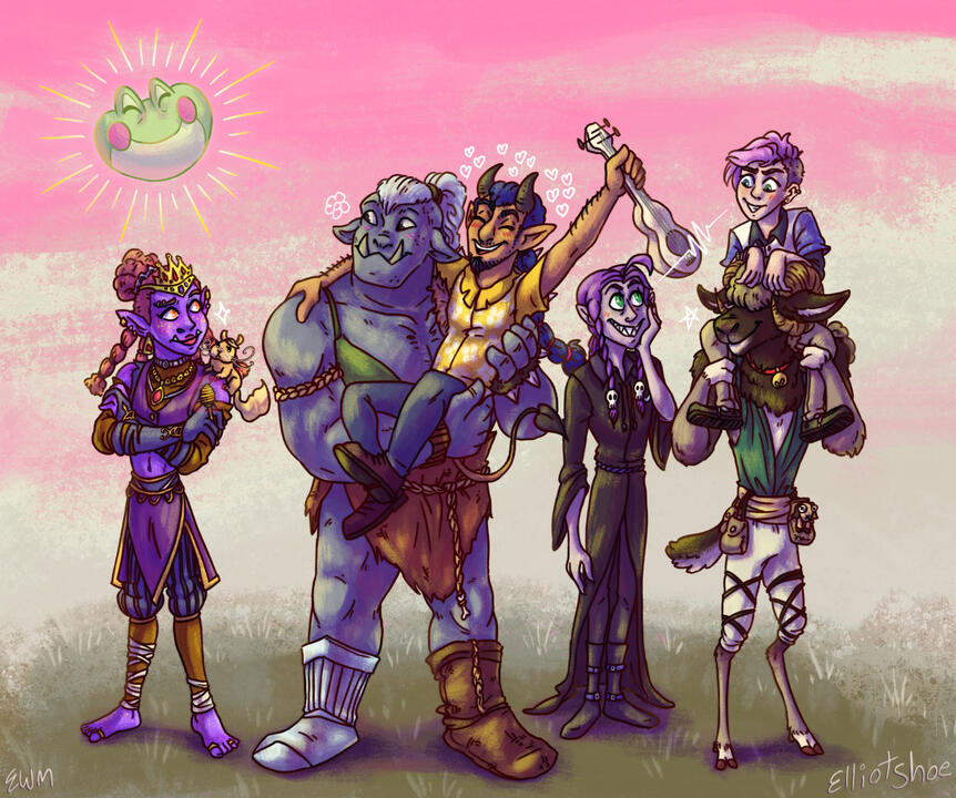 A drawing of a fantasy group. There is a purple orc mage, a large grey orc woman holding a short teifling bard, a vampire, and a pink-haired human on the shoulder of a sheep man. A frog God sun is in the background.