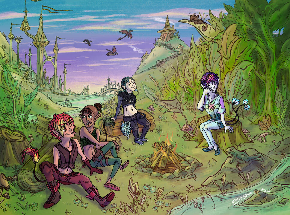 A drawing of a fantasy landscape with a city and dragons flying in the background. Four characters based on the elements fire, earth, water and air are sitting around a fire.