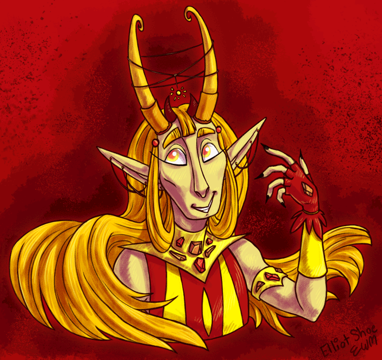 An animated drawing of a sun or fire goddess character with tall horns. She is blinking, and every few blinks her eyes turn dark.