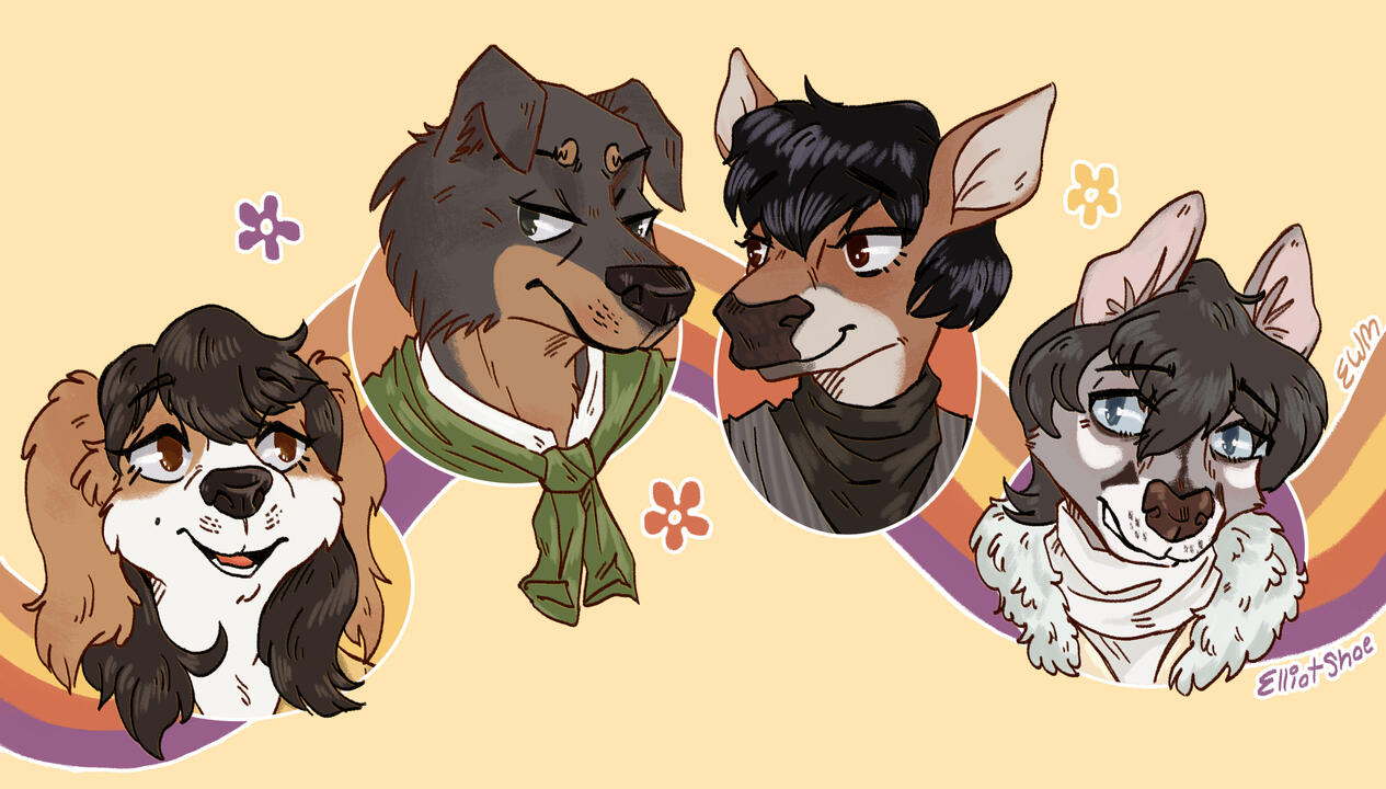 A drawing of four anthropomorphic animal heads. They are all dressed like they're from the 70's.