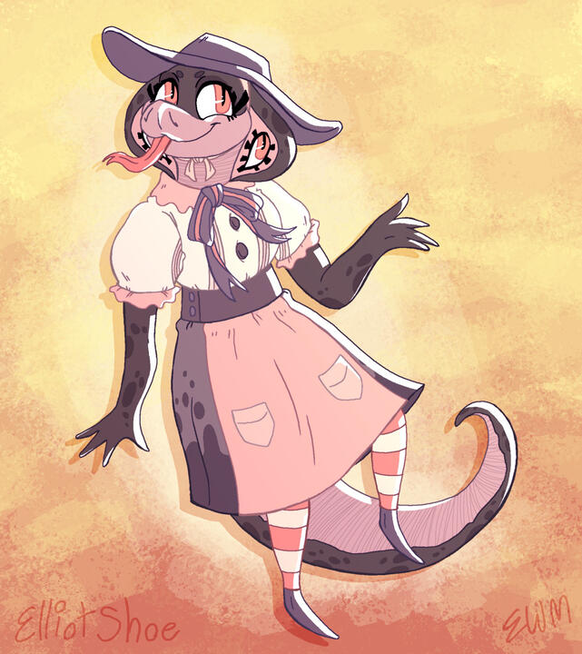 A drawing of an anthropomorphic snake woman. She is dressed in old fashioned clothing.