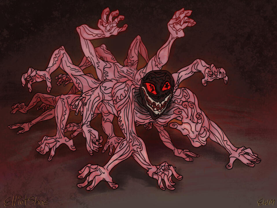 A drawing of a horrific monster with a shadowy face, and a body made entirely of jumbles of hands.