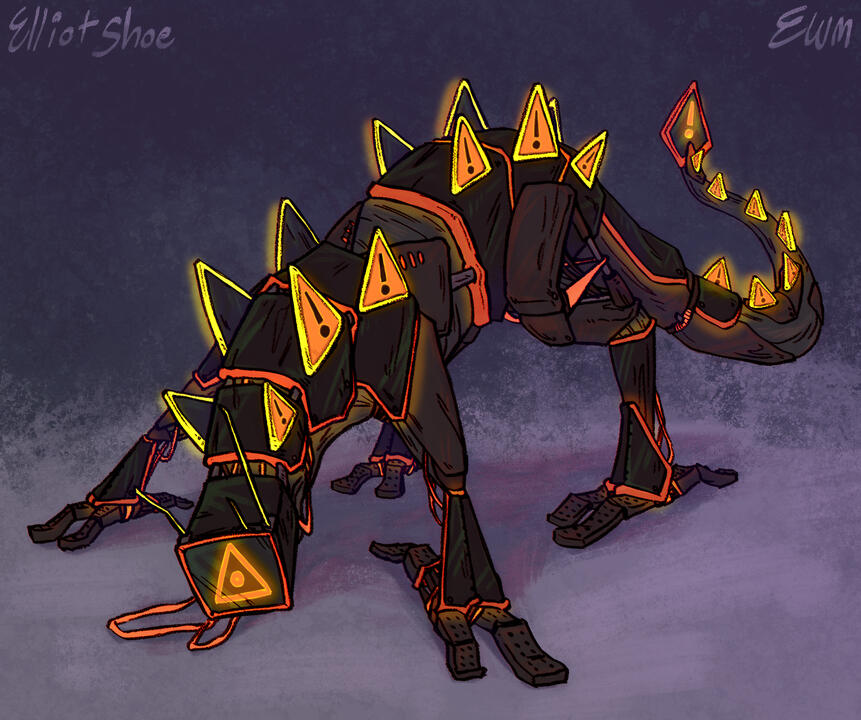 A digital drawing of a robotic creature. They have glowing orange caution signs as spines, and they are posed in an offensive position towards the viewer.