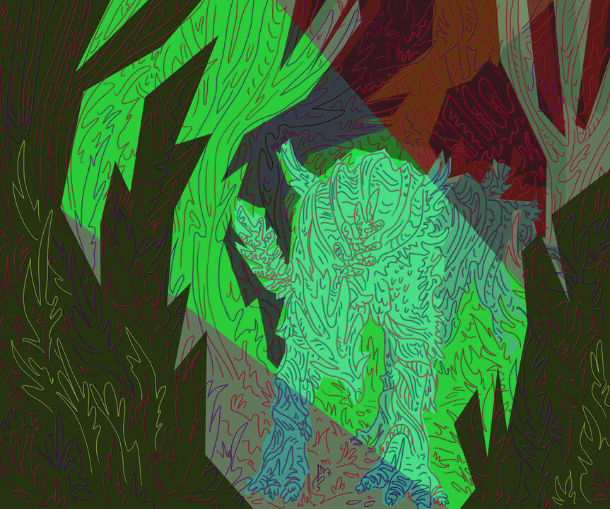 A digital drawing of a weird dog-like plant creature in a forest. It uses bright colours and strong graphic line-work.