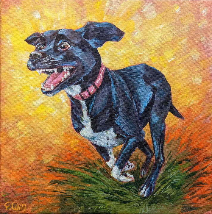An acrylic painting of a happy running black dog on a bright yellow background.