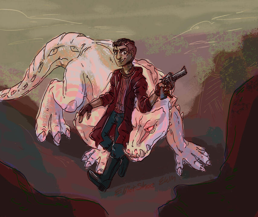 A drawing of Fallout 4 fan characters. A human holds a gun and leans casually onto a large gatorclaw.