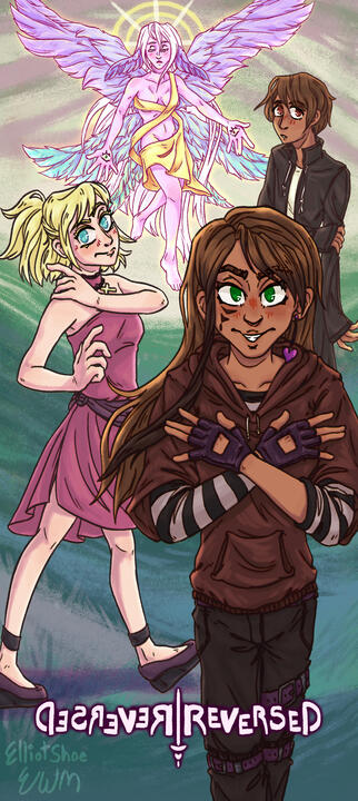 A vertical drawing of four characters. They are all looking forward except for the character in the back, who is a floating angel with four wings. The drawing has a logo for "Reversed" at the bottom.