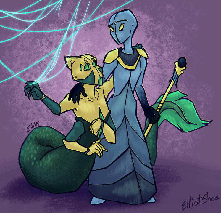 A drawing of two alien friends. One is tall and blue, and the other has a long fish-like tail and is controlling a light blue collection of threads.