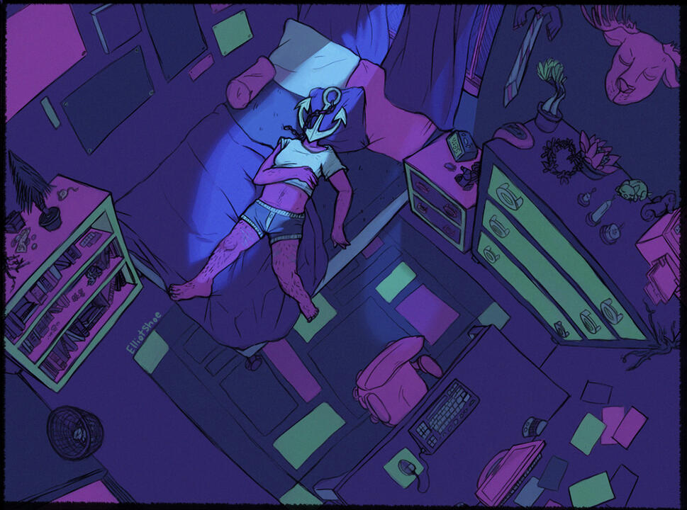 An person with an anchor for a head lays on their back on a bed in their bedroom. It looks late in the night.