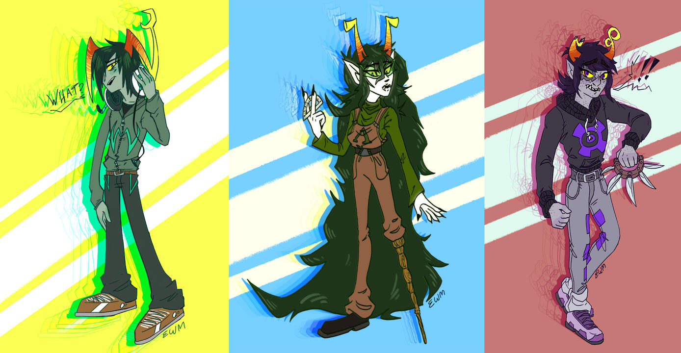 A collection of drawings of fantrolls. The style is graphic and colourful.