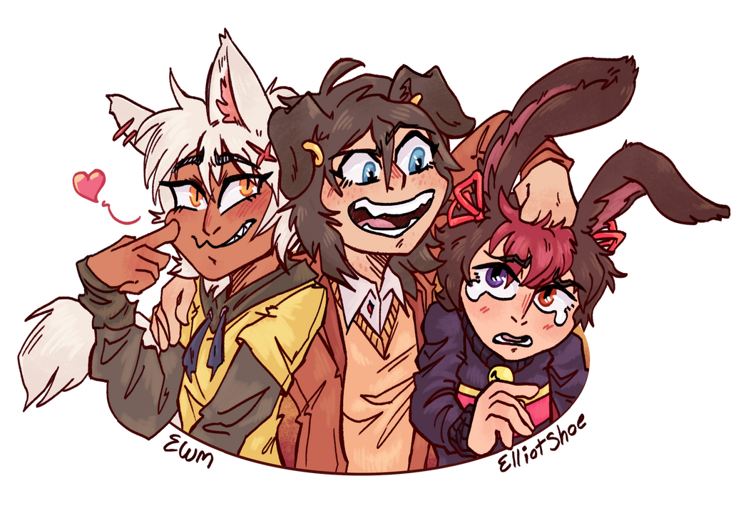 Three friend characters with the ears of a fox, dog and rabbit are hugging.