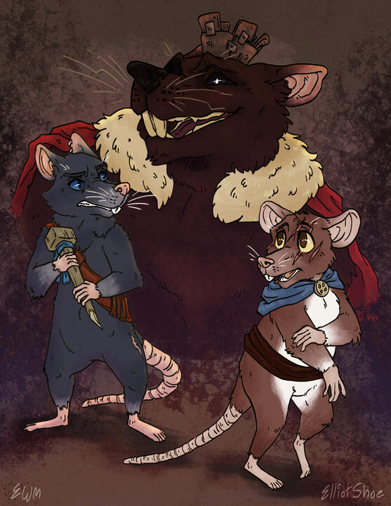 A drawing of three cartoon rats. The rat in the background is dressed like an evil king, while the two in the front look like heros.