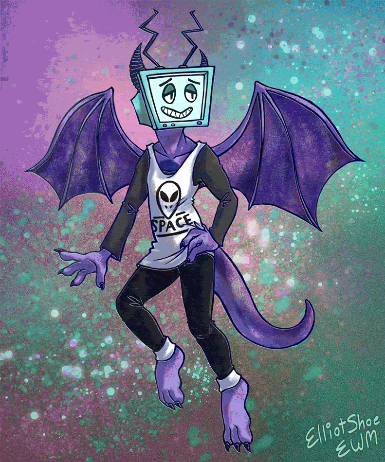 An animated drawing of a space-themed anthropomorphic dragon with a TV monitor over his head. The monitor's cartoon face blinks out every few seconds to reveal the dragon's real face.