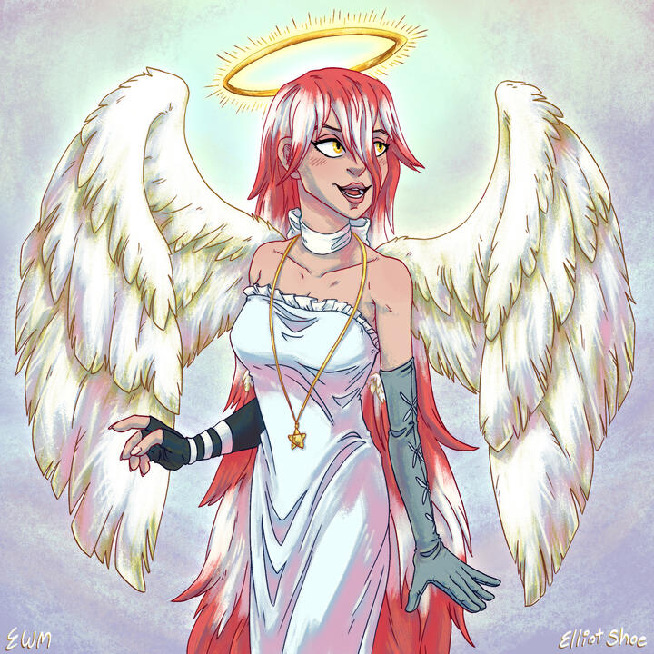 A drawing of an angel girl with large wings. She has red and white hair and is looking to the right while smiling.