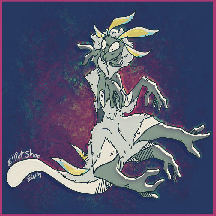 A drawing of a floating alien. It has three legs and a long tail. It's face has hands and feathers coming off it.