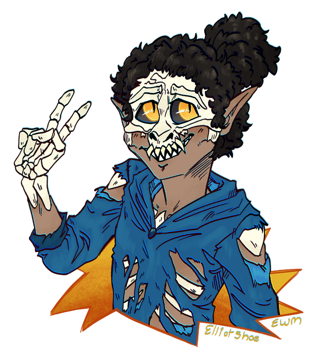 A drawing of a kid with half skeleton features. They're doing a peace sign with their hand.