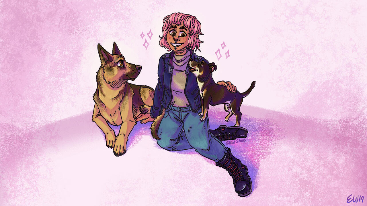 A drawing of a smiling person with pink hair, sitting down. They are surrounded by their two dogs, one large and one small. The background is a light pink.