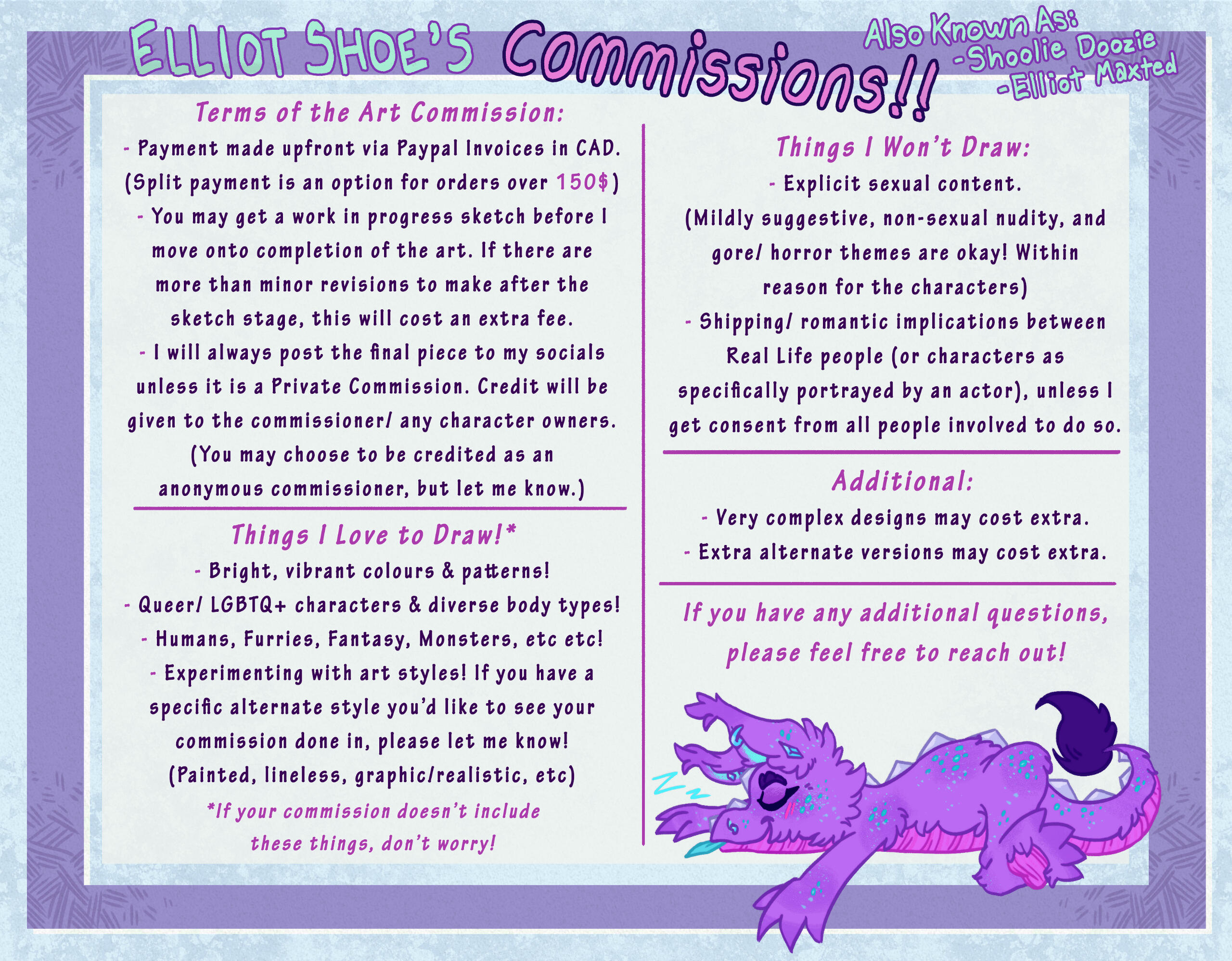 A detailed commission information sheet for Elliot Shoe, also known as Shoolie Doozie and Elliot Maxted. It includes several different terms and conditions for the commissions, and a little drawing of a cartoon dragon in the bottom right corner.