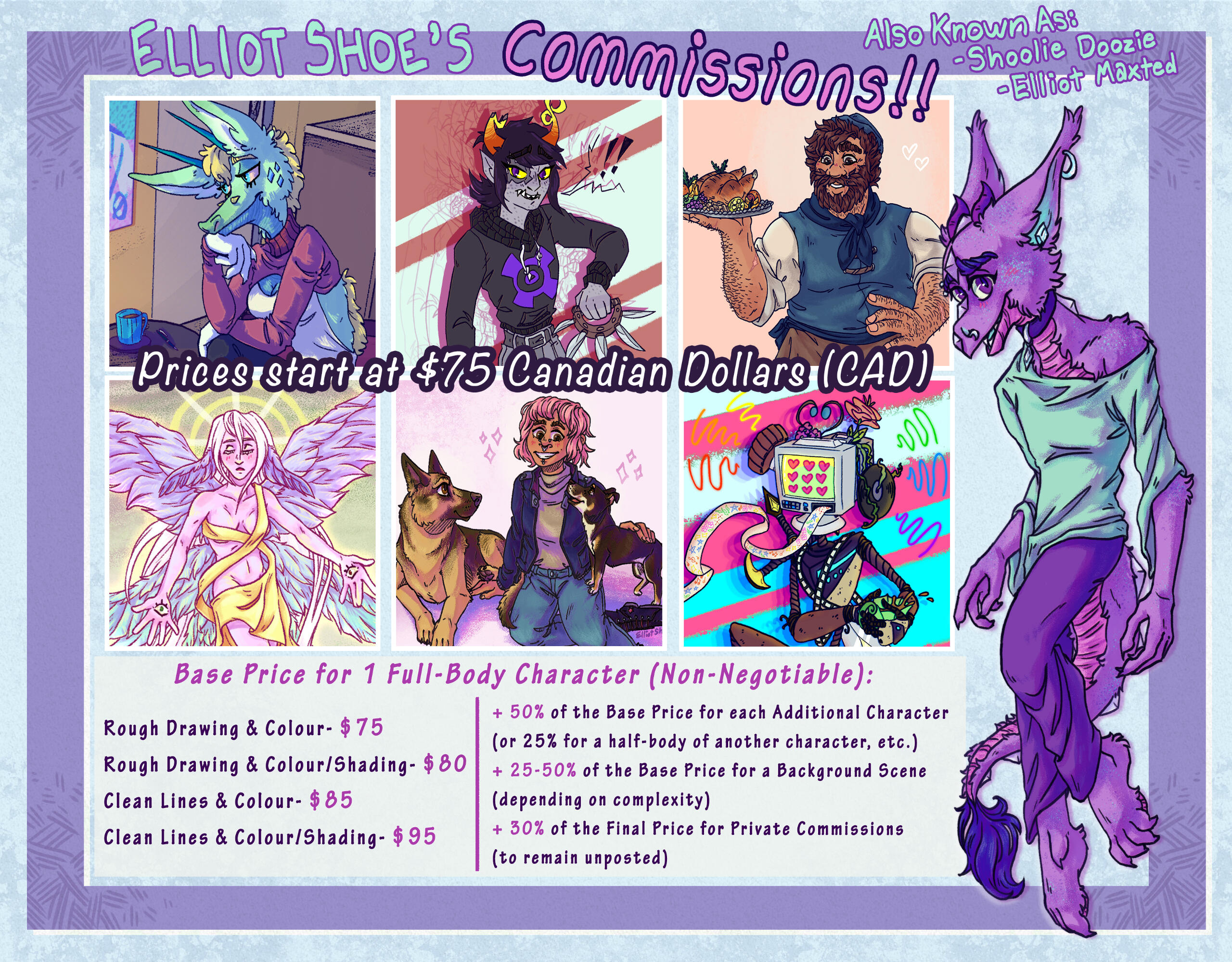 A detailed commission information sheet. It has examples of art commissions from Elliot Shoe, also known as Shoolie Doozie and Elliot Maxted, and it includes prices for the commissions.