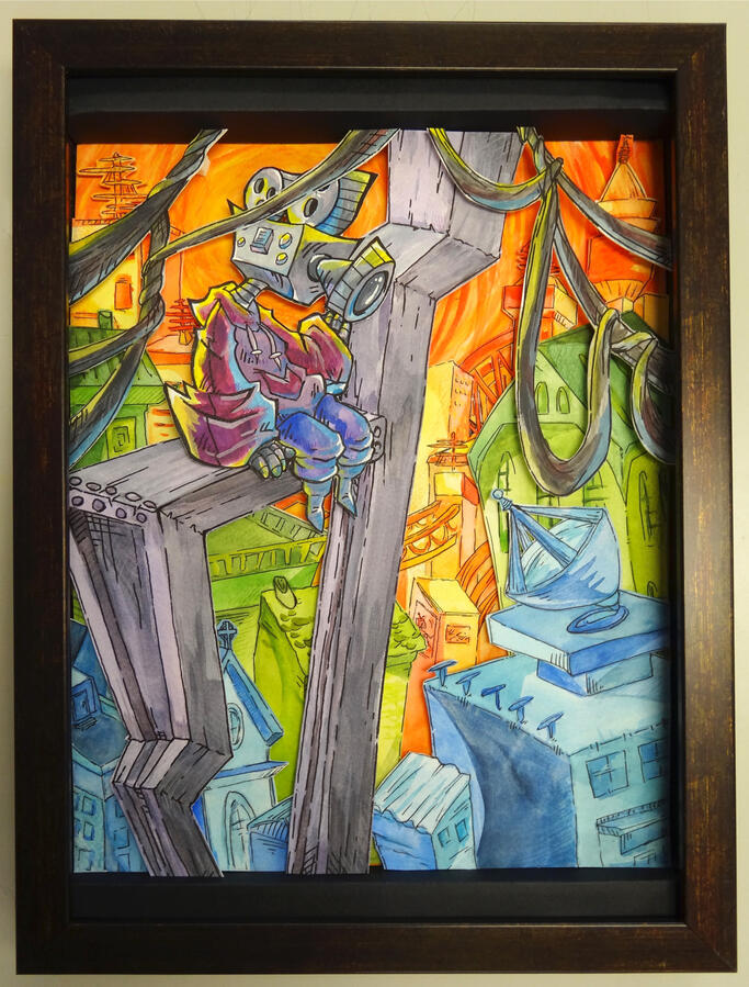 A photo of a colourful shadowbox. It depicts a robot with a camera for a head sitting atop a construction beam and watching over a city.
