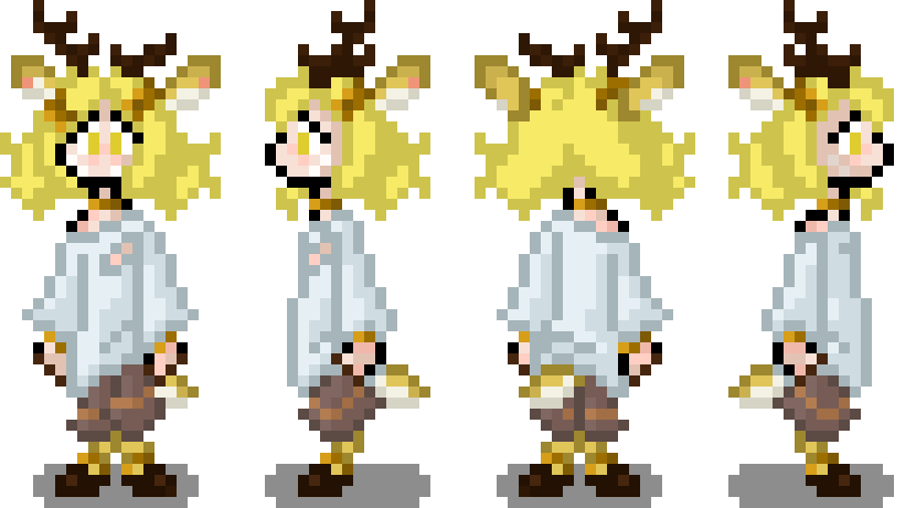 The fawn's idle/ blinking cycle. An animated gif of a person with deer features doing a blinking cycle from the front, left side, back, and right side.