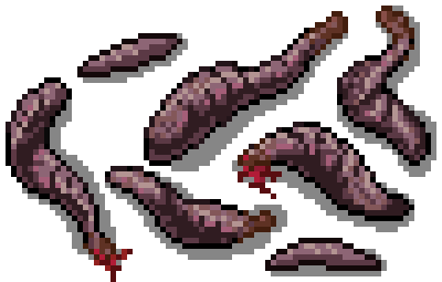 Leech sprites. An animated gif of pixel art sprite leeches. Some are oozing blood or wiggling.