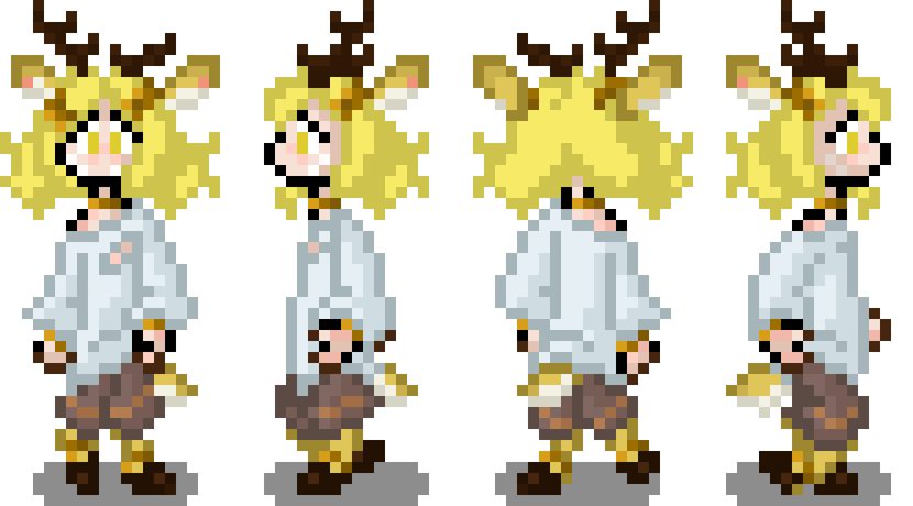 An animated gif of a person with deer features doing a walk cycle from the front, left side, back, and right side.