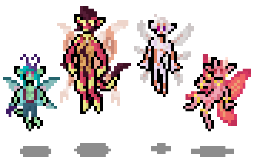 Fairy sprites. An animated gif of four fairies floating, in pixel art style.