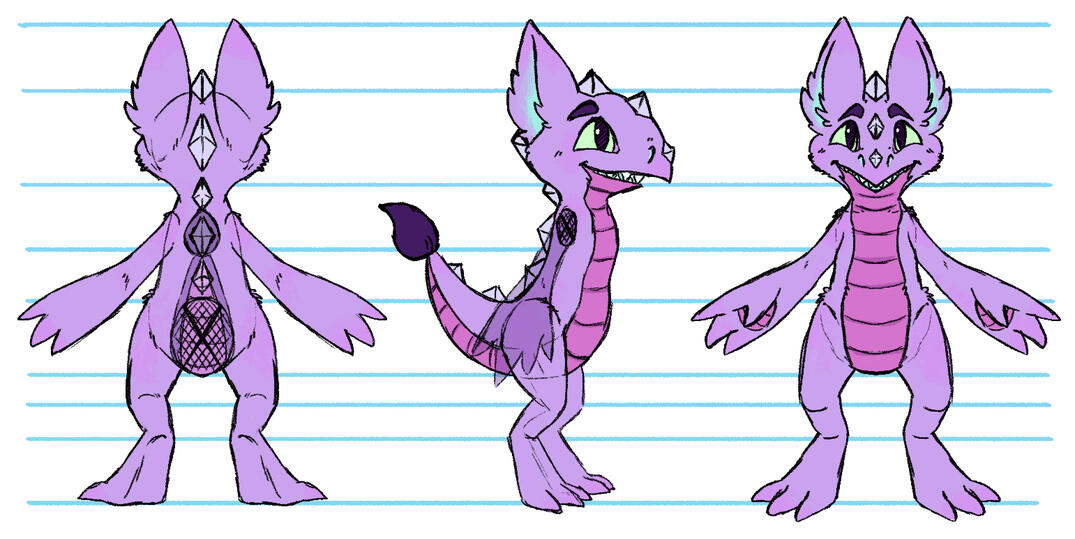 Character design turnaround of a small purple dragon.