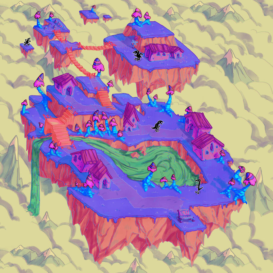 A whimsical floating island village. A few tiny bird people can be seen in it. The colours are bright and vibrant.