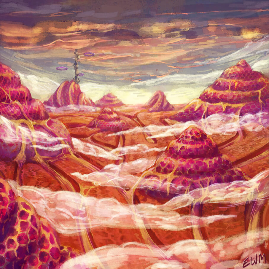 A digital painting of a strange landscape. There are giant mountains made of nectar bee hives, and the air is filled with fog and clouds.