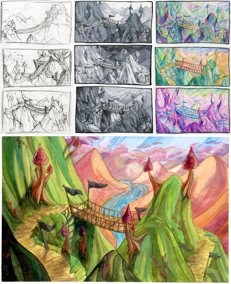 Drawings in gouache, pencil crayon, markers and pencils depicting a fantasy landscape of a bridge over a canyon. The trees look like mushrooms.