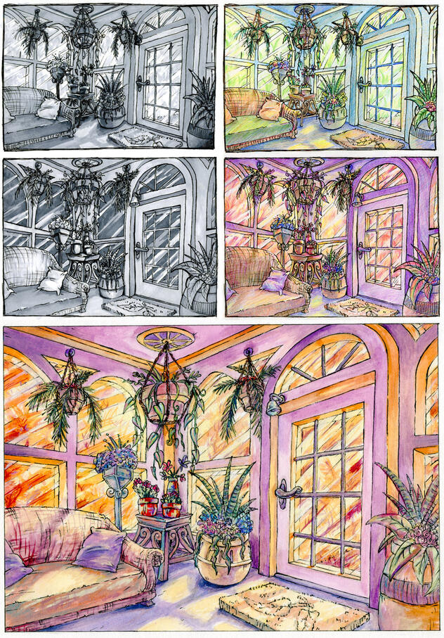 Art studies and final painting of an interior greenhouse room, using pencil crayons, marker, and gouache.