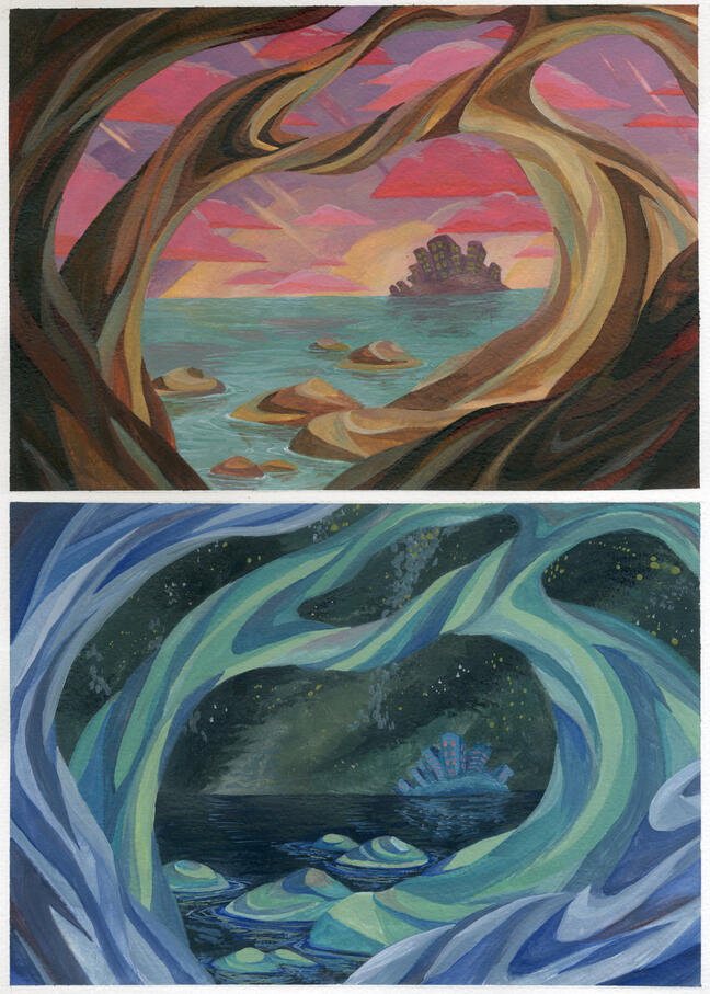 Two gouche paintings of a rocky landscape near to a body of water. There is a city in the distance across the water. Each painting is a different time of day.