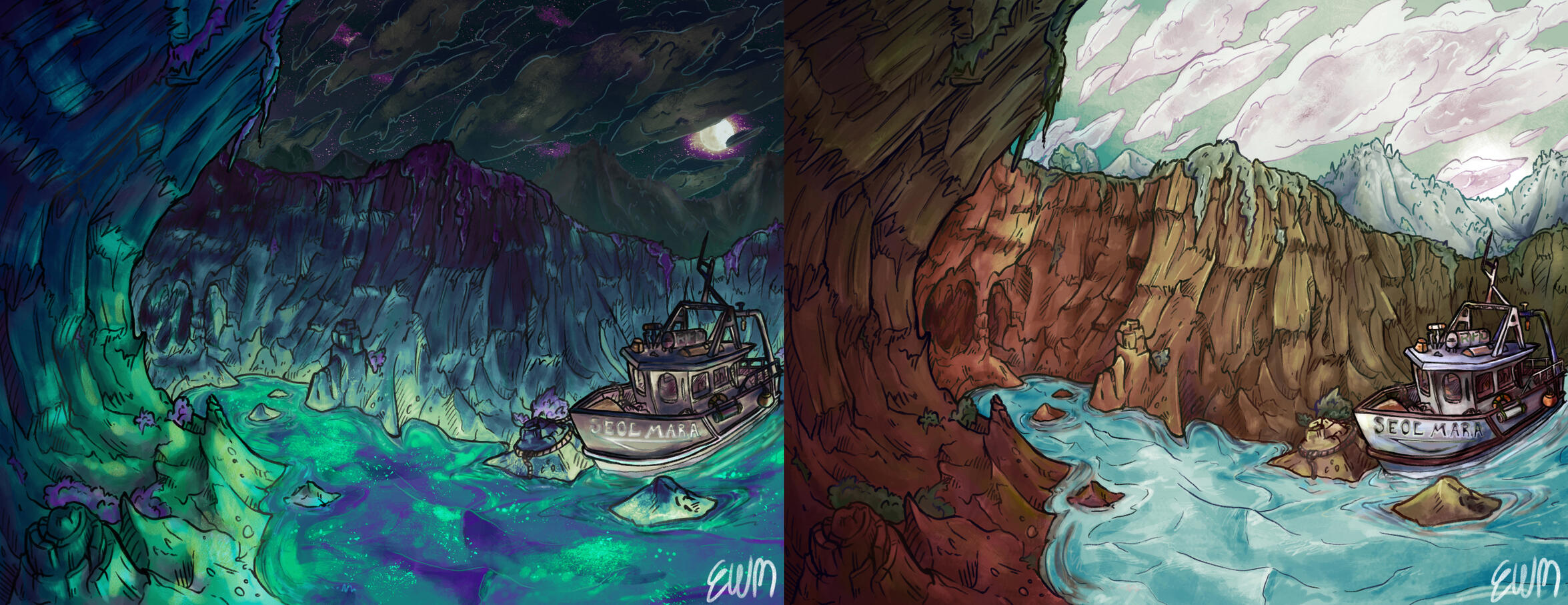 Two drawings of a small explorer's boat in a rocky rivers enclave. The first drawing is at night, while the second is in the day.