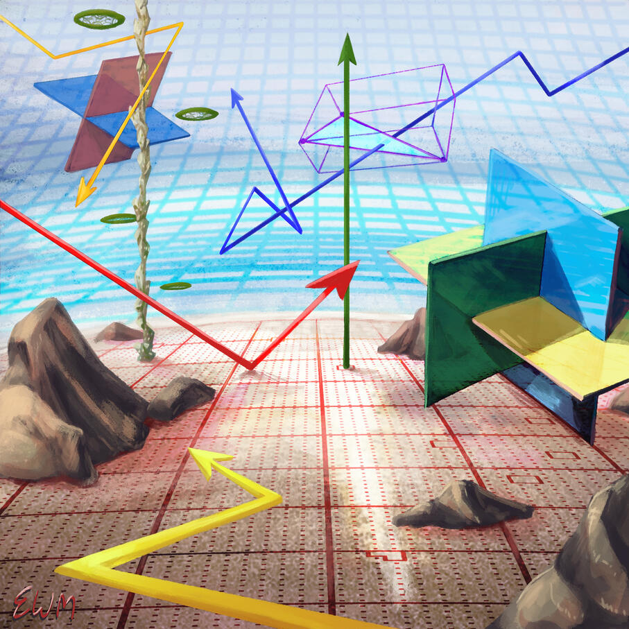 A digital painting of a strange landscape. The sky is a mathematical grid with shape diagramsand there are vector arrows shooting around.