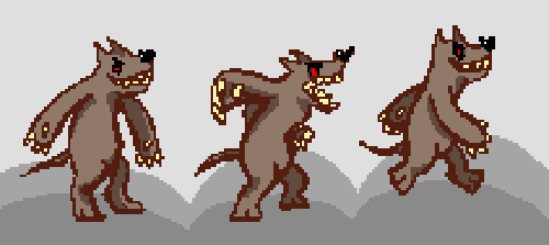 A simple animated gif of a pixel werewolf doing 3 actions, idle standing, attack chomping, and running.
