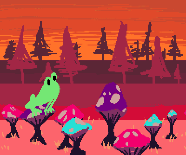 An animated gif of a pixel frog hopping through a field of mushrooms.