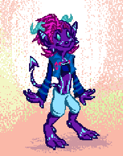 An animated gif of a purple demon boy smiling and bouncing up and down.