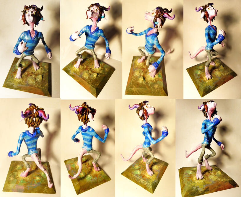 A collection of photos of a sculpture of a tall and thin purple anthropomorphic dragon.