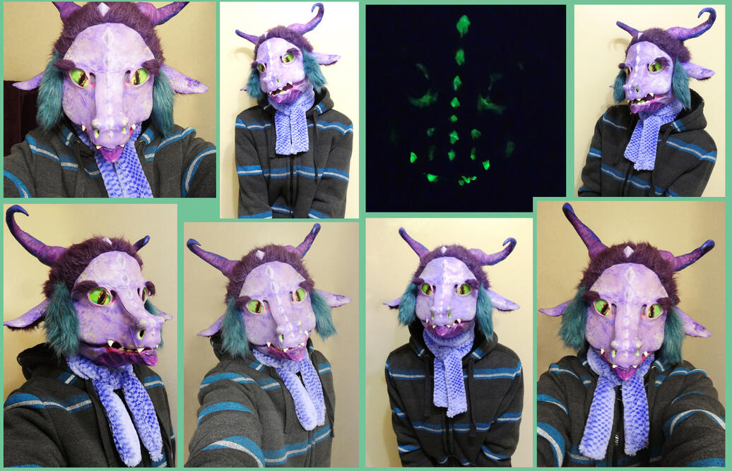 Photos of a person wearing a purple dragon mask.